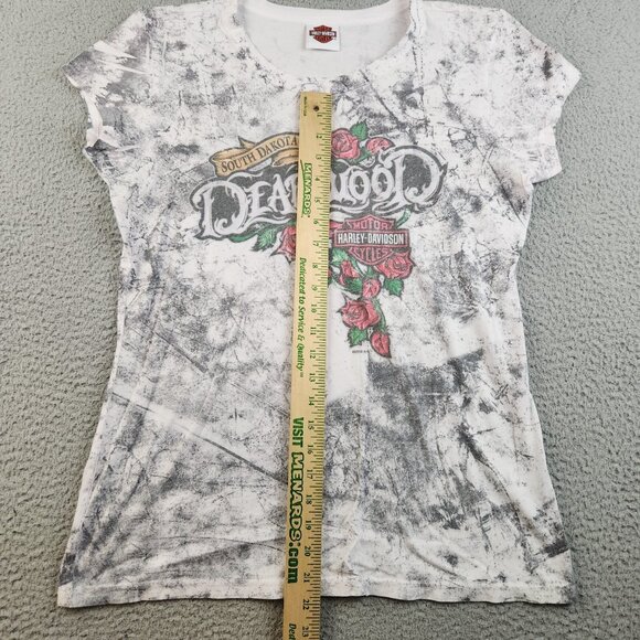 Harley Davidson Motorcycles Shirt Womens Large Cap Sleeve Gray Lightweight Roses - Picture 6 of 12